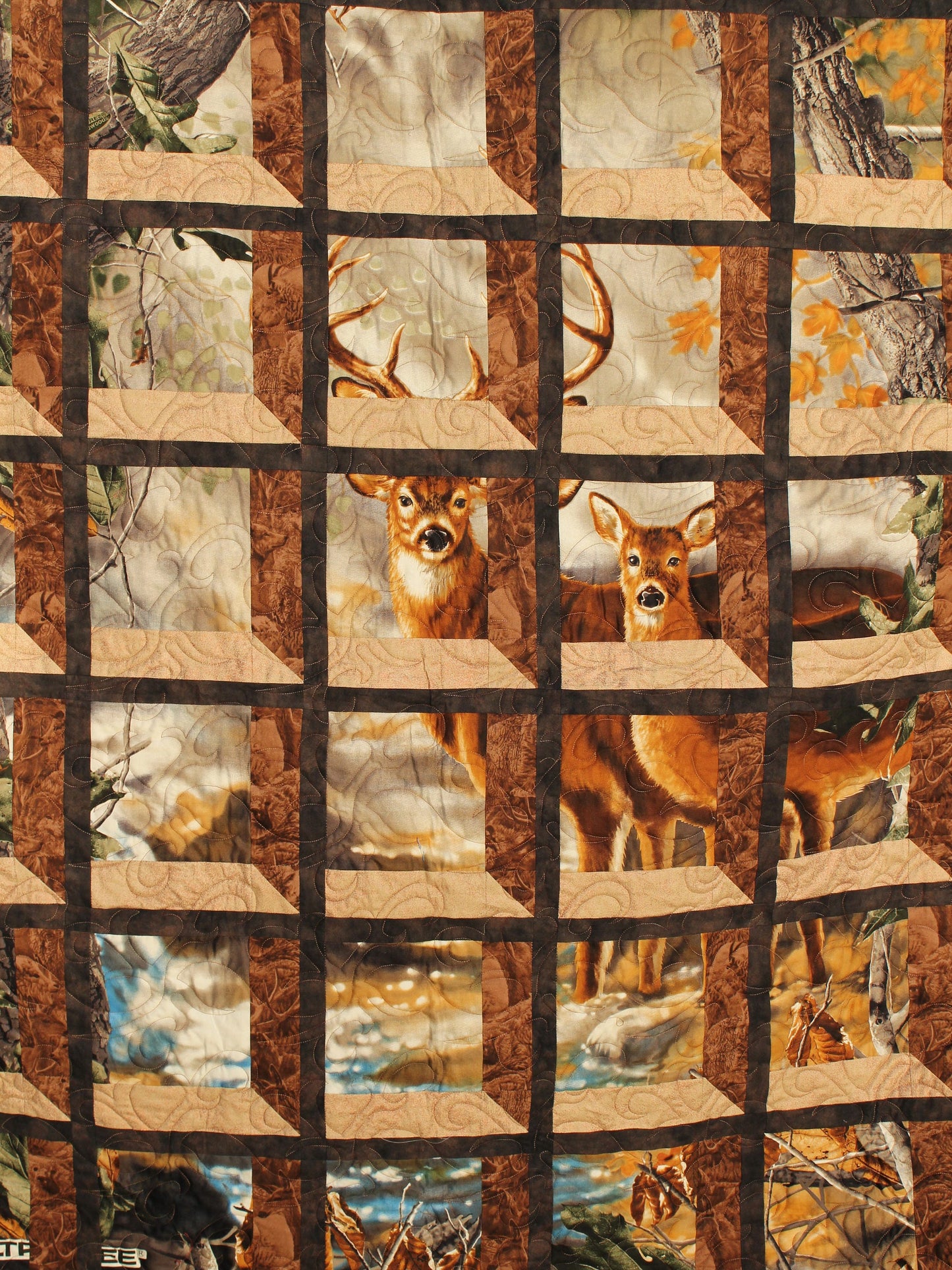 Deer in the Woods Twin Size Quilt, Hunting Lap Quilt, Camouflage Throw Blanket, Leaf and Deer Gift Bed Quilt, Winter Oversize Throw Quilt