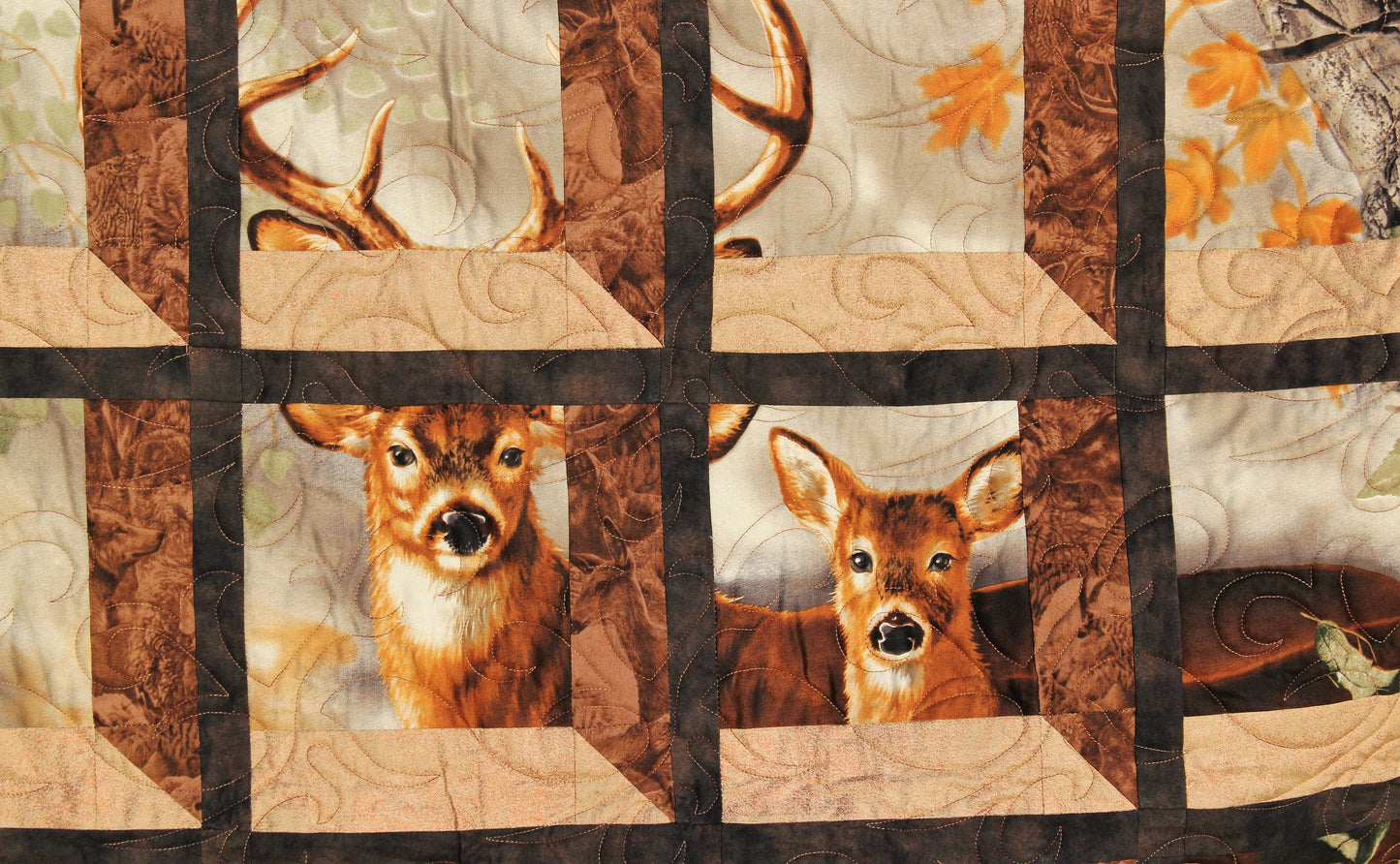 Deer in the Woods Twin Size Quilt, Hunting Lap Quilt, Camouflage Throw Blanket, Leaf and Deer Gift Bed Quilt, Winter Oversize Throw Quilt