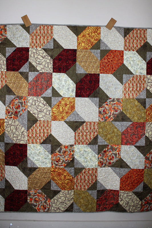Precious Metals Twin, Throw Size Quilt, Orange and Gray Throw Quilt, Quilted Lap Blanket, Pieced Metallic Lap Quilt, Adult Quilted Blanket