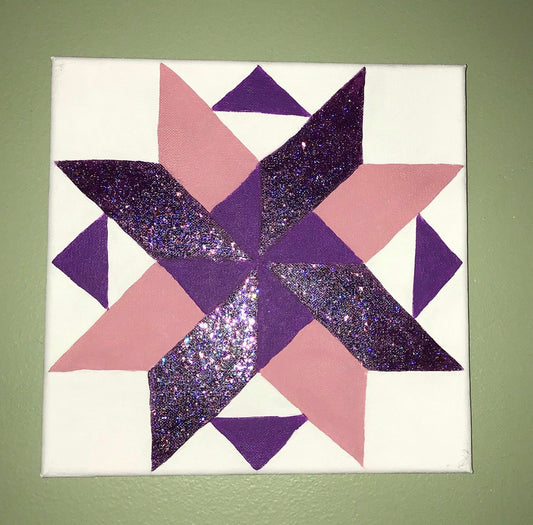 Pinwheel Barn Quilt on Canvas, Pink and Purple Barn Quilt, Painted Quilt Wall Art, Glitter Quilt Block Canvas, Quilt Wall Decor, Canvas Art