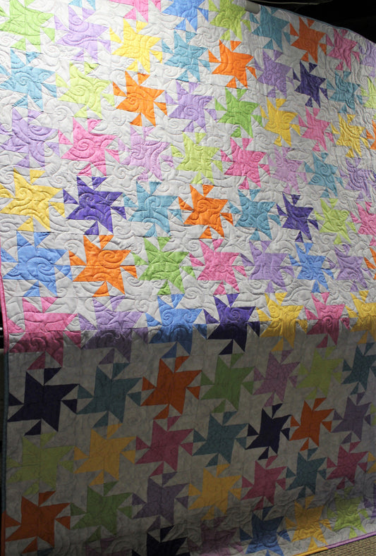 Twinkling Stars Pearlescent Twin Size Quilt, Colorful Full Quilt, Rainbow Quilt, Swirls and Stars Quilted Blanket, Handmade Full Size Quilt