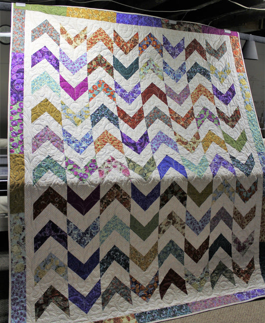 Shuffled Chevrons Floral Twin Size Quilt, Colorful Full Quilt, Purple and Blue Quilted Blanket, Handmade Rainbow Quilt, Quilted Blanket Gift