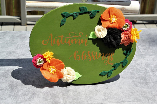 Autumn Blessing Canvas Painting, Felt Flower Wall Decor, Fall Floral Wall Art, Green and Orange Harvest Gift Set, Thanksgiving Wall Hanging
