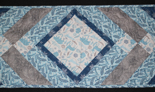 Forest Animals Table Runner, Holiday Quilted Runner, Winter Deer Table Cover, Blue and Gray Gift Tableware, Snow Kitchen Table Protector