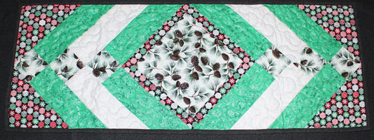 Pine Cone Table Runner, Holiday Glitter Quilted Runner, Winter Trees Table Cover, Green Gift Tableware, Snowflake Kitchen Table Protector