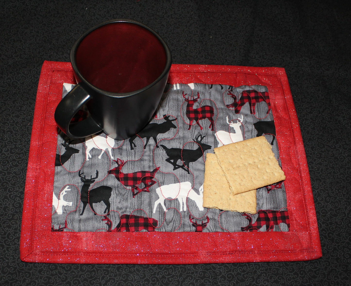 Deer Quilted Mug Mat, Winter Candle Mat, Holiday Snack Mat, Handcrafted Placemat, Animal Mug Rug, Kitchen Coaster, Christmas Gift Decor