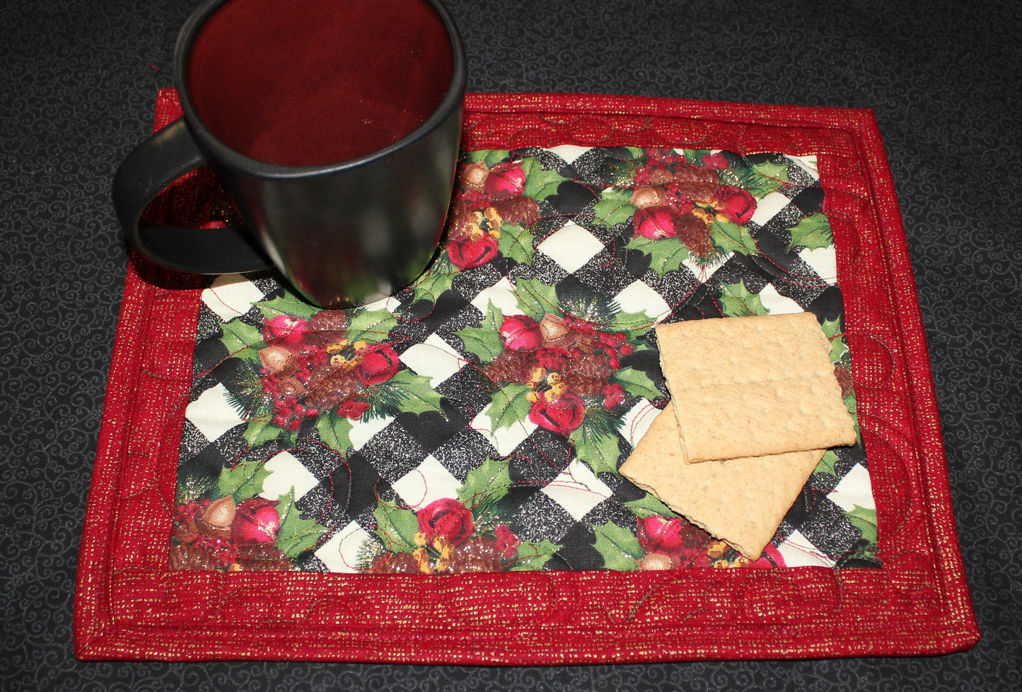 Holly Bells Quilted Mug Mat, Winter Candle Mat, Holiday Snack Mat, Handcrafted Placemat, Floral Mug Rug, Kitchen Coaster, Christmas Gift