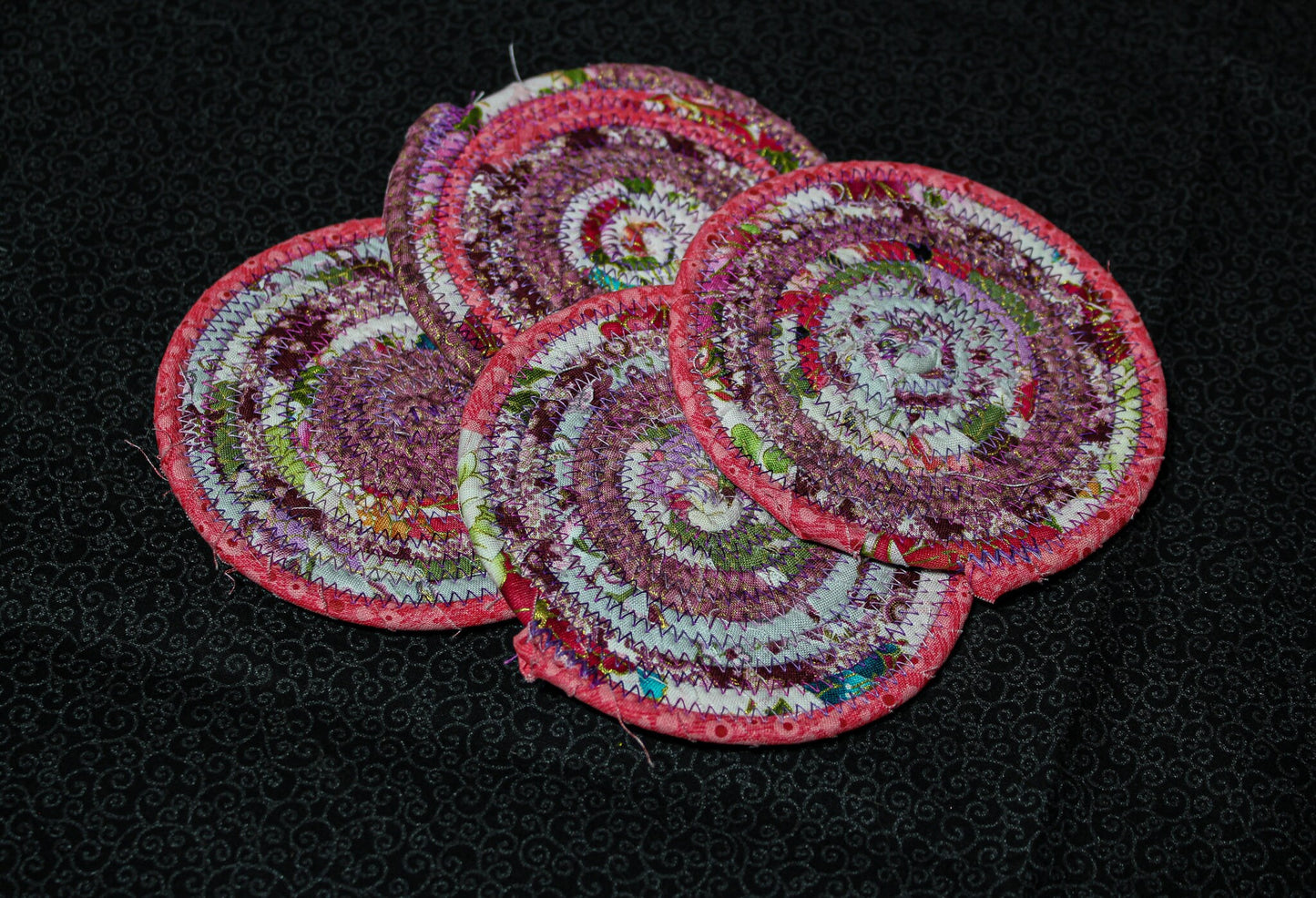 Clothesline and Fabric Coasters Set of 4, Oversized Quilted Circle Coasters, Rolled Rope Fabric Large Coasters, Floral Coiled Trivets Gift