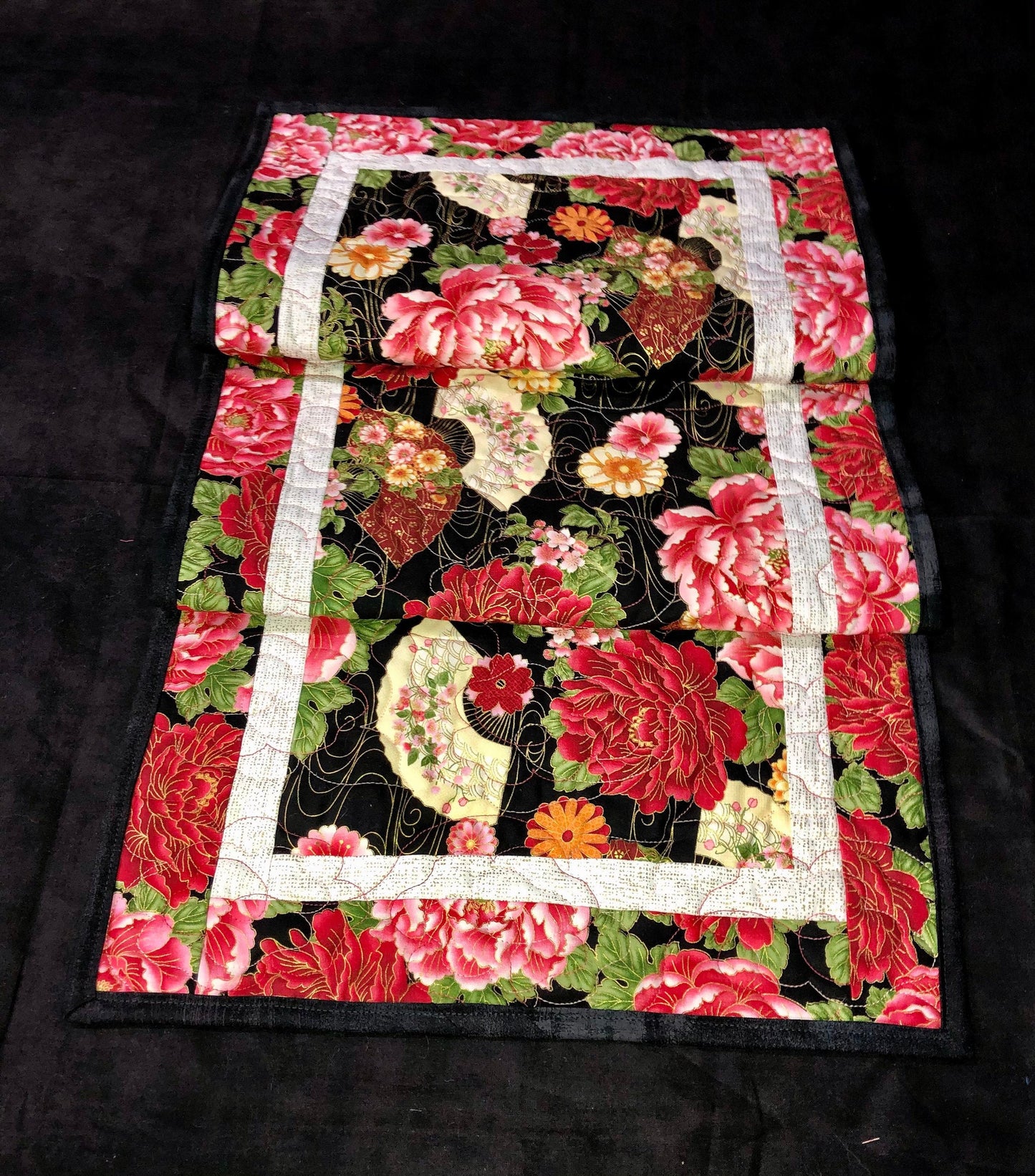 Metallic Fan Quilted Table Runner, Peony Table Decor, Floral Table Runner, Red and Pink Quilted Runner, Pink Flower Table Protector Gift