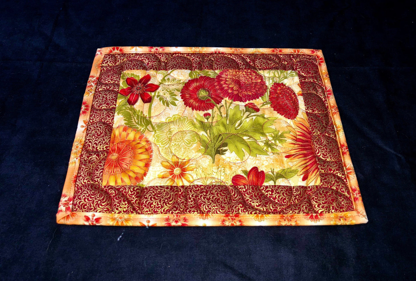 Orange and Red Floral Mug Mat, Handcrafted Snack Mat, Gold Swirl Quilted Placemat, Quilted Mug Rug, Coaster, Quilted Kitchen Tableware Gift