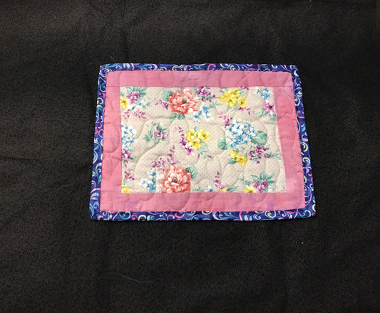 Pink Flower Quilted Mug Mat, Floral Candle Mat, Quilted Snack Mat, Handcrafted Placemat, Blooming Flower Mug Rug, Pastel  Kitchen Coaster