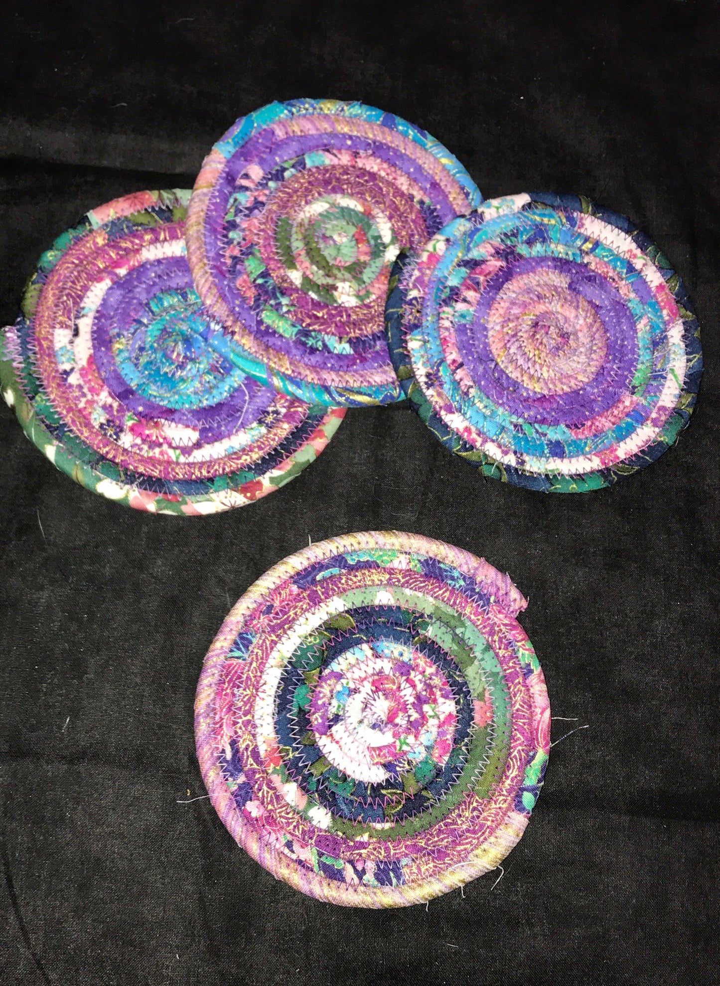 Pink and Blue Clothesline and Fabric Coaster Set of 4, Oversized Quilted Circle Coaster, Rolled Rope Fabric Large Coaster, Purple Trivets