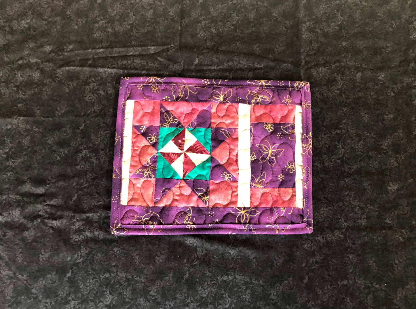 Pink and Purple Mug Mat, Handcrafted Snack Mat, Colorful Quilted Placemat, Quilt Block Mug Rug, Pink Coaster, Quilted Kitchen Tableware Gift