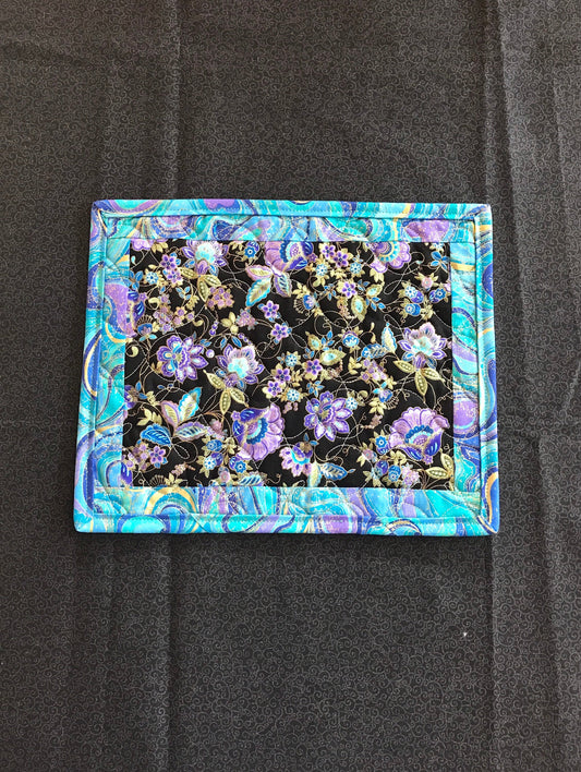 Teal and Purple Quilted Mug Mat, Floral Candle Mat, Quilted Snack Mat, Handcrafted Placemat, Colorful Swirls Flower Mug Rug, Kitchen Coaster