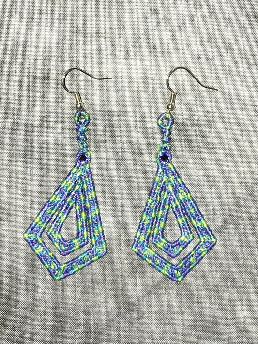 Purple and Green Swarovski Earrings, Blue Embroidered Earrings, Purple Lace Earrings, Embroidery Jewelry, Green and Blue Dangle Earrings