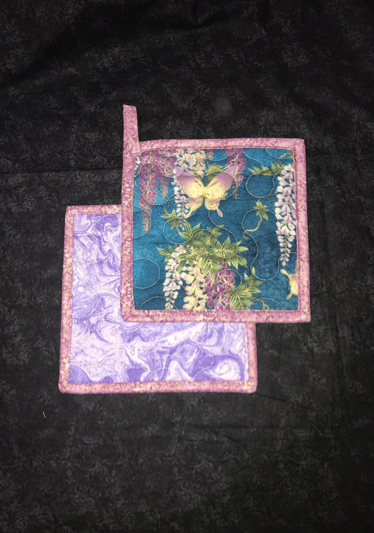 Set of 2 Purple and Turquoise Flower Quilted Potholders, Purple Hanging Hot Pads, Blue Trivets, Floral Potholder Set, Teal Flower Potholders