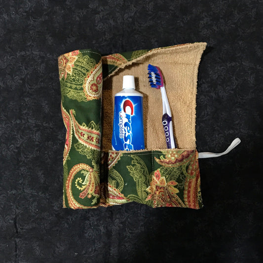 Make-Up Brush Storage, Washable Travel Bag, Green and Pink Paisley Toiletry Roll, Camper Toiletry Bag, Toothbrush Travel Roll, Make-Up Bag