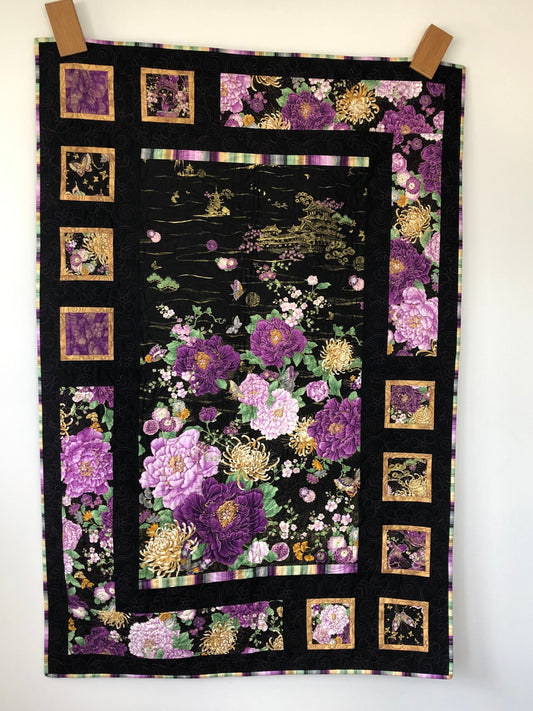 Purple and Gold Magestic Mountain Throw, Crystal Metallic Wall Hanging, Floral Fabric Art Quilt, Custom Quilted Wall Decor
