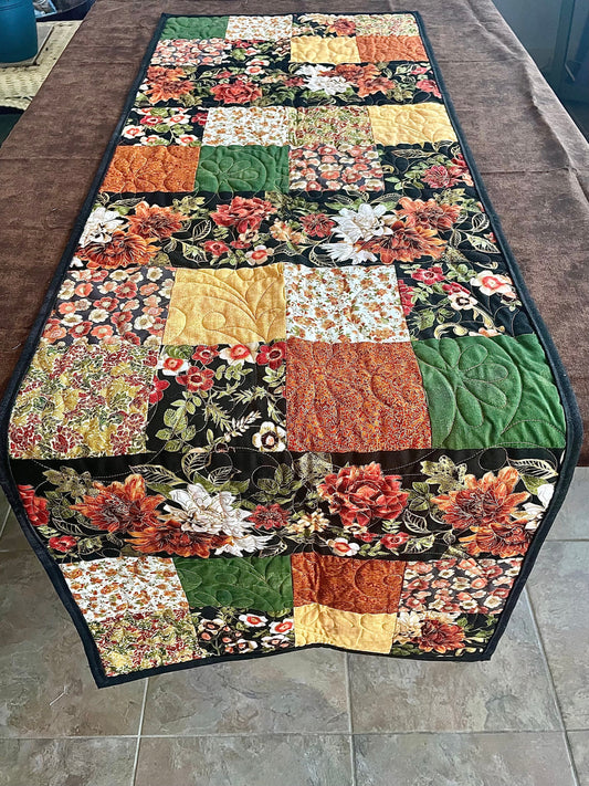 Orange and Gold Flowers Quilted Table Runner, Red Orange Table Topper, Ornate Flowers and Leaves Kitchen Decor Table Mat, Quilt Table Cover