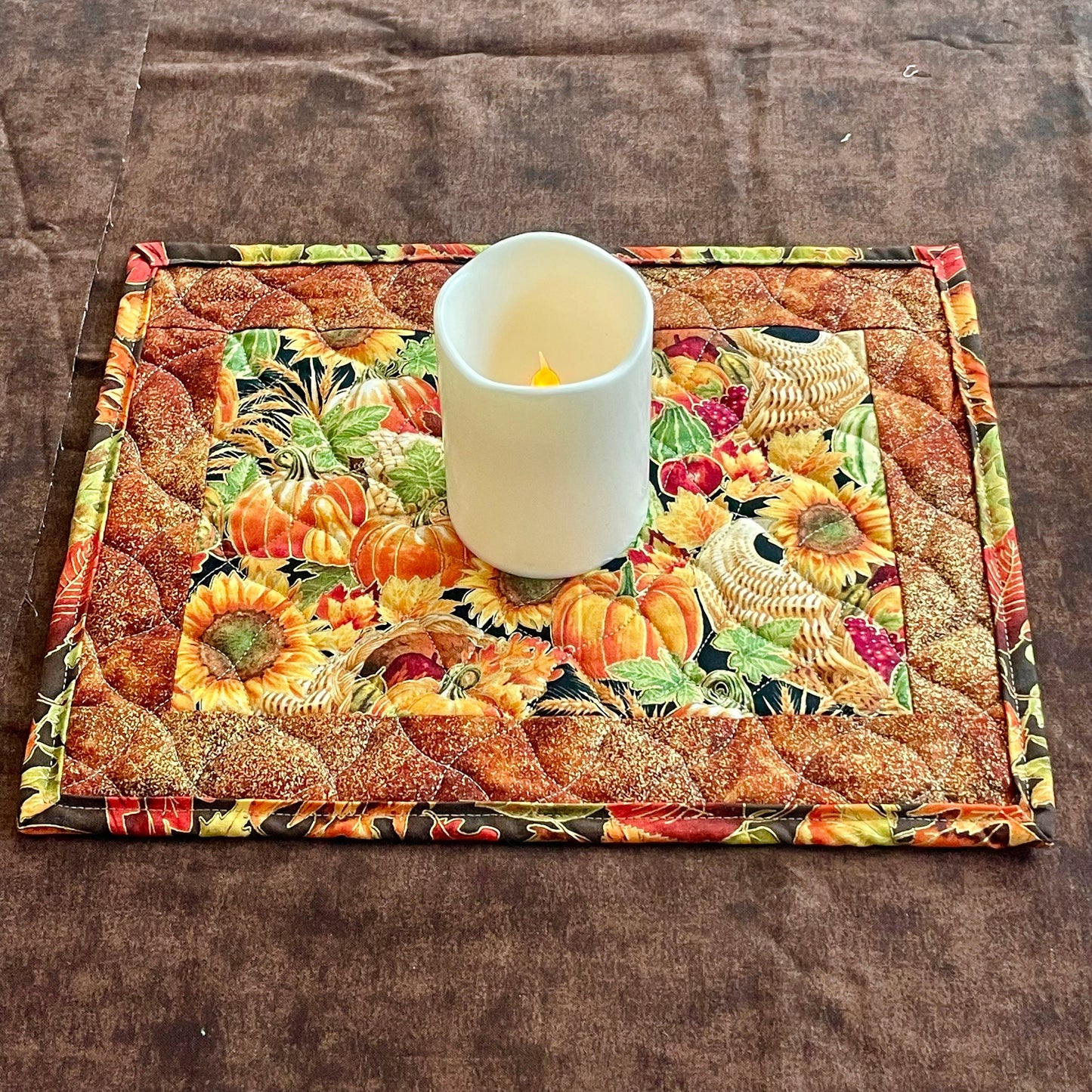 Quilted Thanksgiving Mug Mat, Handcrafted Snack Mat, Autumn Placemat, Fall Cornucopia Mug Rug, Fall Pumpkin Table Decor, Autumn Tablescape