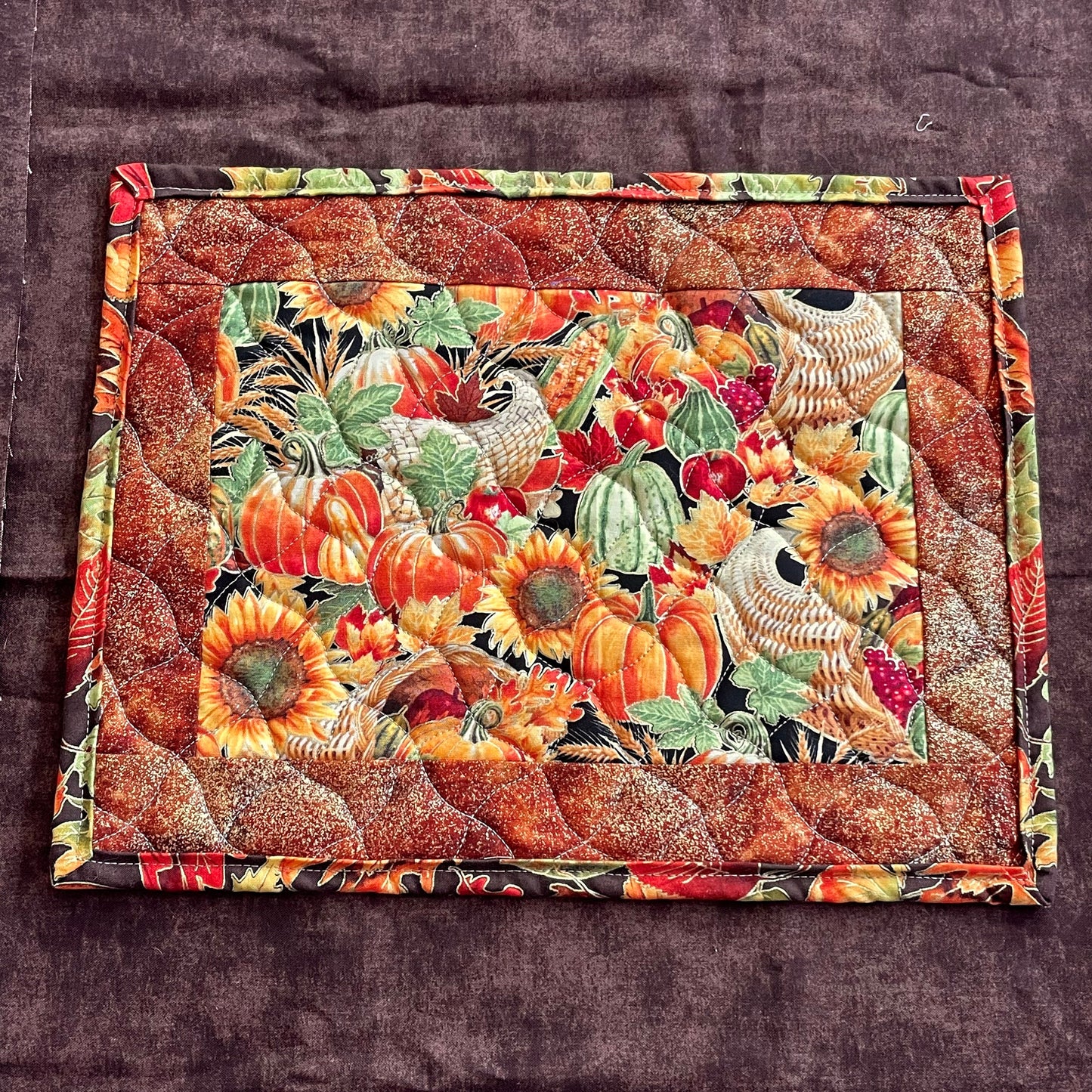 Quilted Thanksgiving Mug Mat, Handcrafted Snack Mat, Autumn Placemat, Fall Cornucopia Mug Rug, Fall Pumpkin Table Decor, Autumn Tablescape