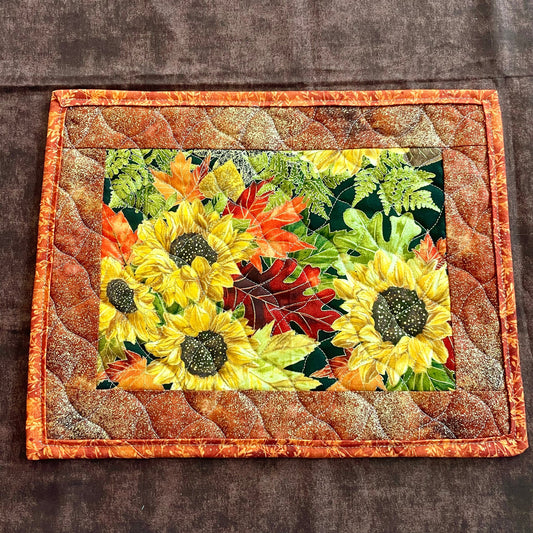 Sunflowers Quilted Mug Mat, Handcrafted Fall Snack Mat, Autumn Placemat, Fall Leaves Mug Rug, Fall Pumpkin Table Decor, Autumn Tablescape