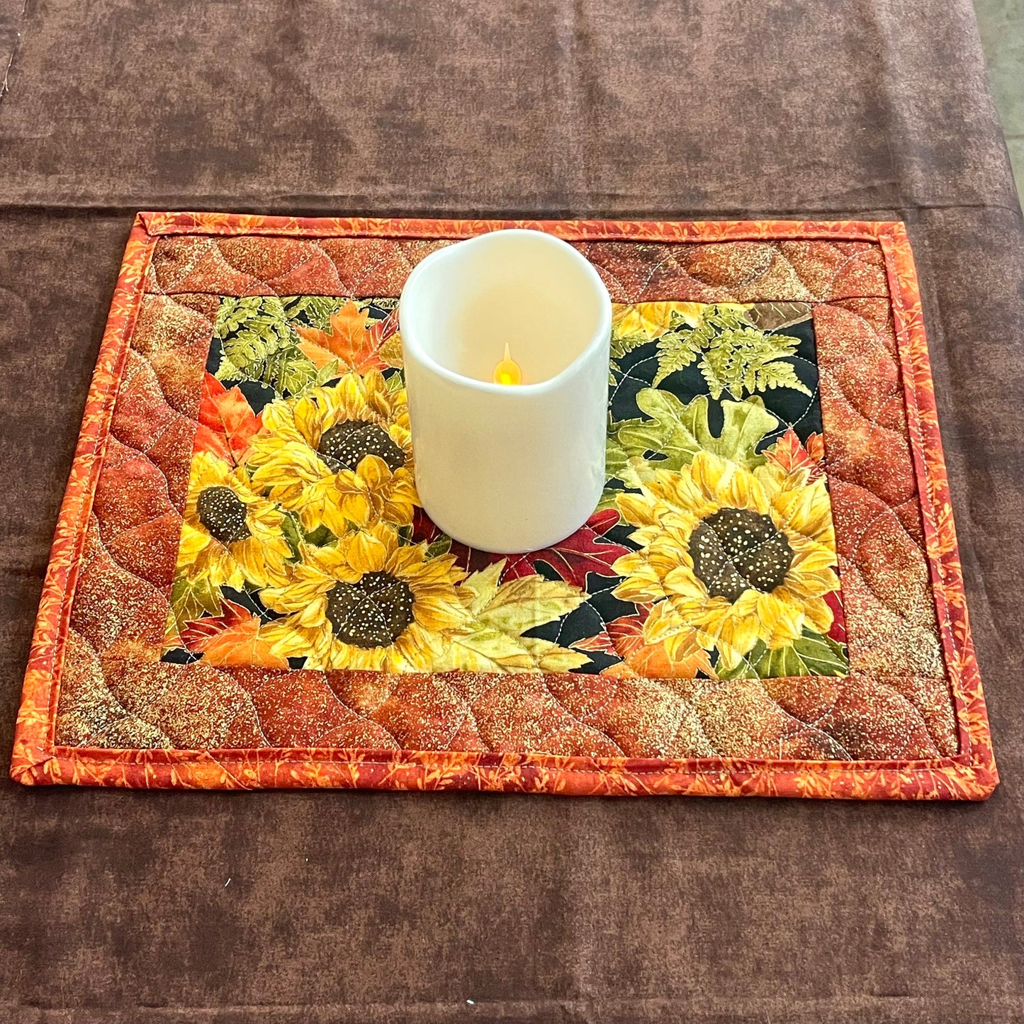 Sunflowers Quilted Mug Mat, Handcrafted Fall Snack Mat, Autumn Placemat, Fall Leaves Mug Rug, Fall Pumpkin Table Decor, Autumn Tablescape