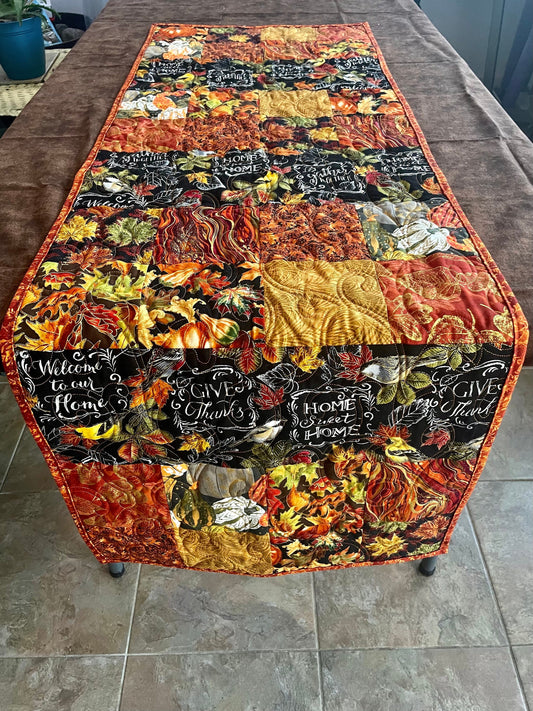 Fall Autumn Table Decor, Orange Gold Green Leaves Fall Decor, Pumpkin Table Runner, Thanksgiving Quilt, Fall Quilted Table Runner, Gold Fall