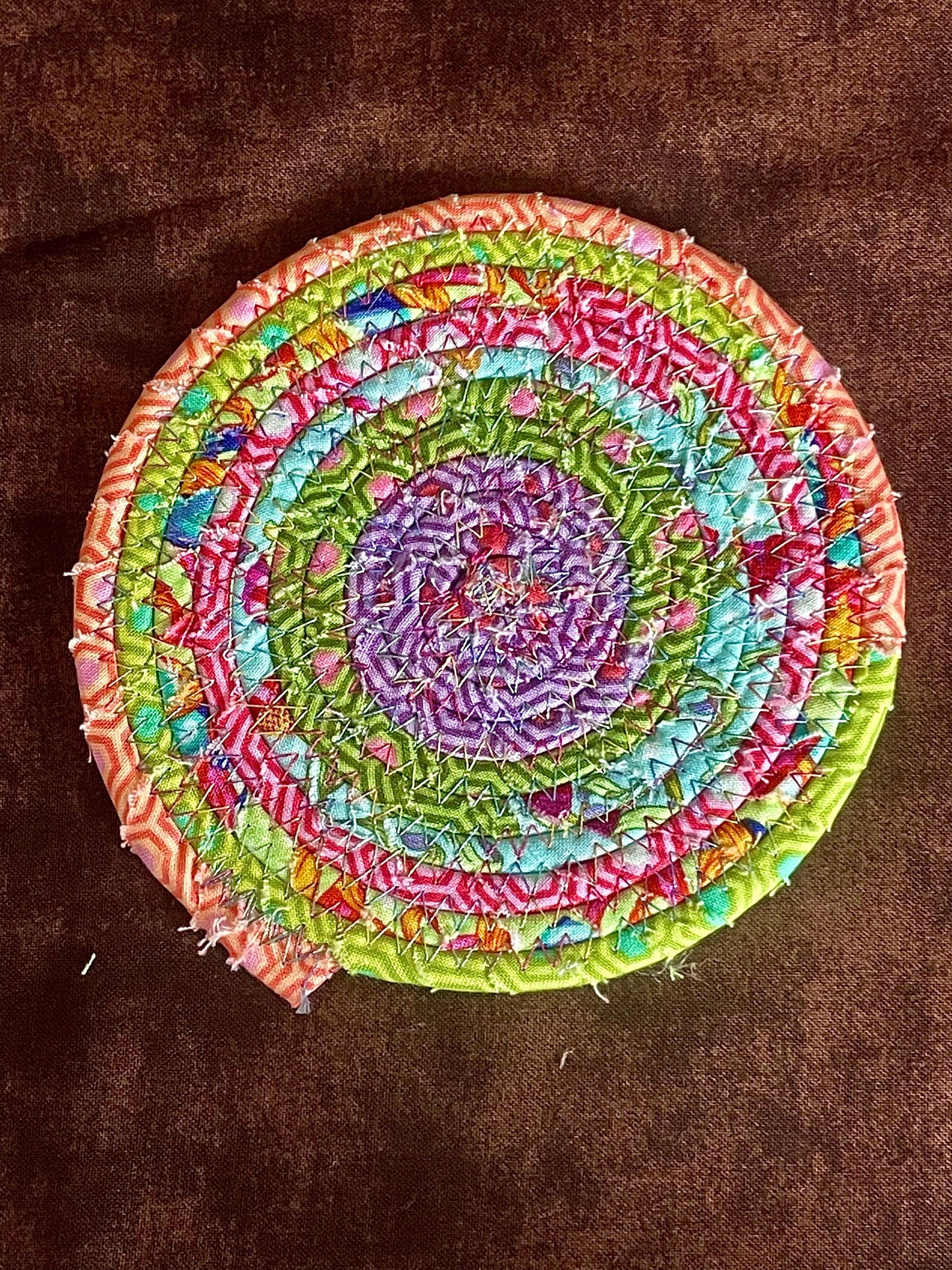 Pastel Rainbow Clothesline and Fabric Coaster Set of 4, Oversized Quilted Circle Coaster, Rolled Rope Large Coaster, Quilted Kitchen Trivets