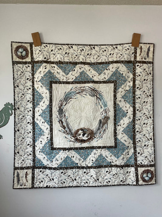 Bird's Nest Lap Quilt, Blue and Brown Wreath Wall Hanging Quilt, Robin's Nest Quilted Wall Art, Blue and Brown Lap Quilt, Bird Baby Blanket