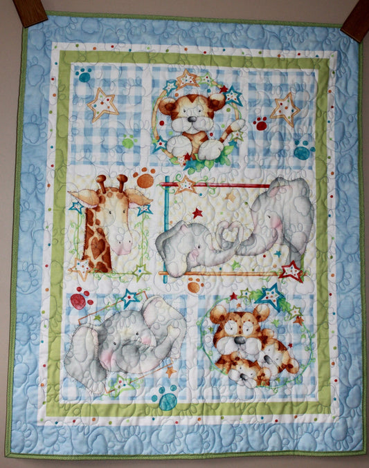 Jungle Babies Wholecloth Panel Quilt, Baby Animal Nursery Crib Quilt, Animal Kids Lap Quilt, Jungle Animal Quilted Wall Hanging, Baby Quilt