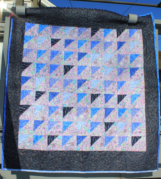 Silver Metallic Purples and Blues Triangle Modern Lap Quilt, Handmade Pieced Purple and Blue Lap Quilt, Small Quilted Blanket, Unique Quilt